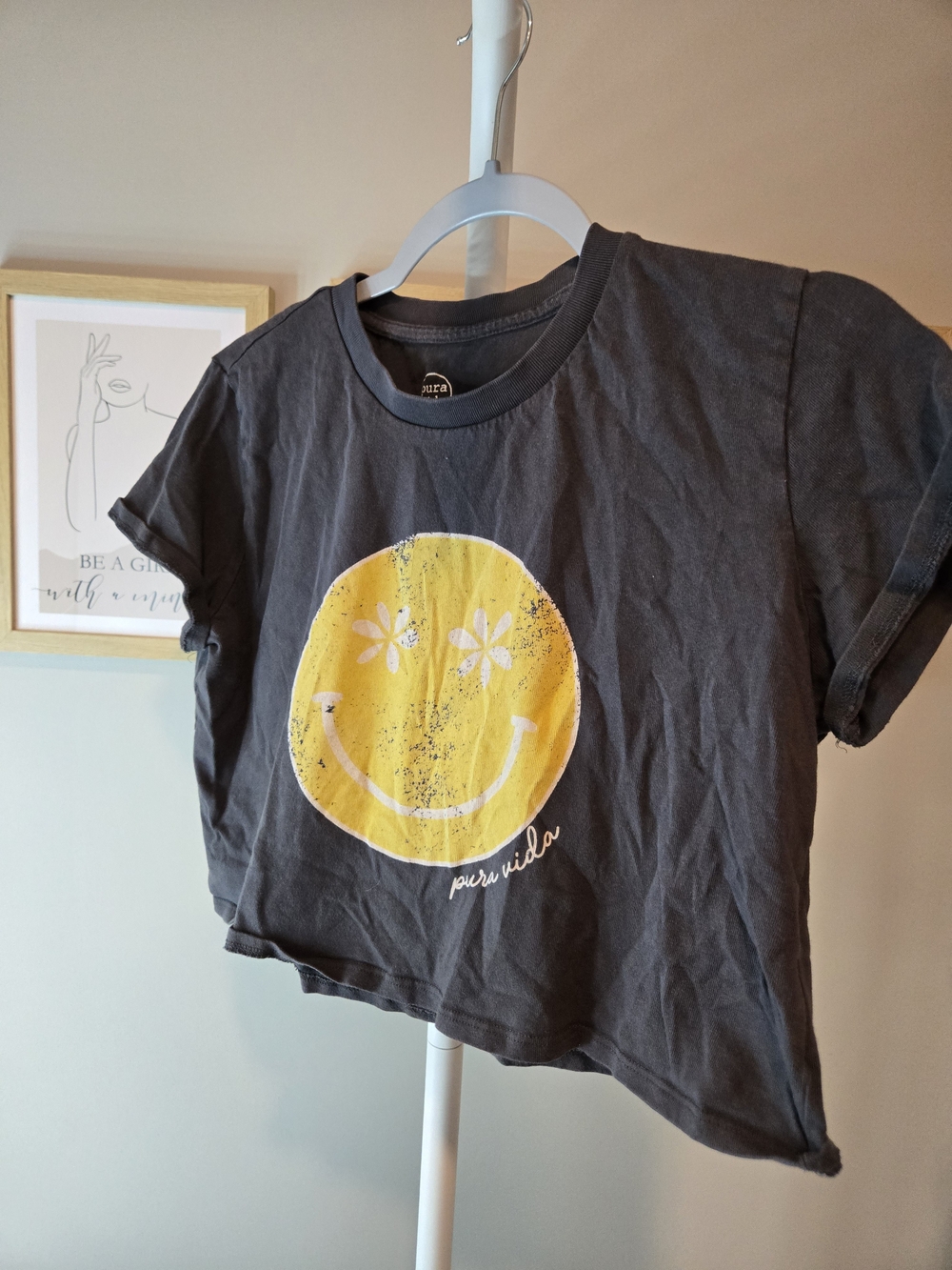 Pura Vida Charcoal Tee with Yellow Smiley Graphic